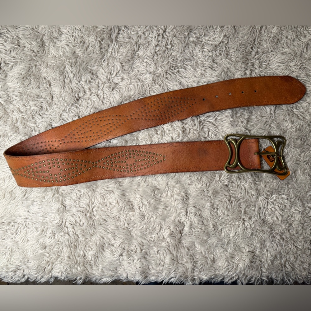 Linea Pelle Vintage Wide Brown Leather Belt Brass Design Large - Picture 12 of 14